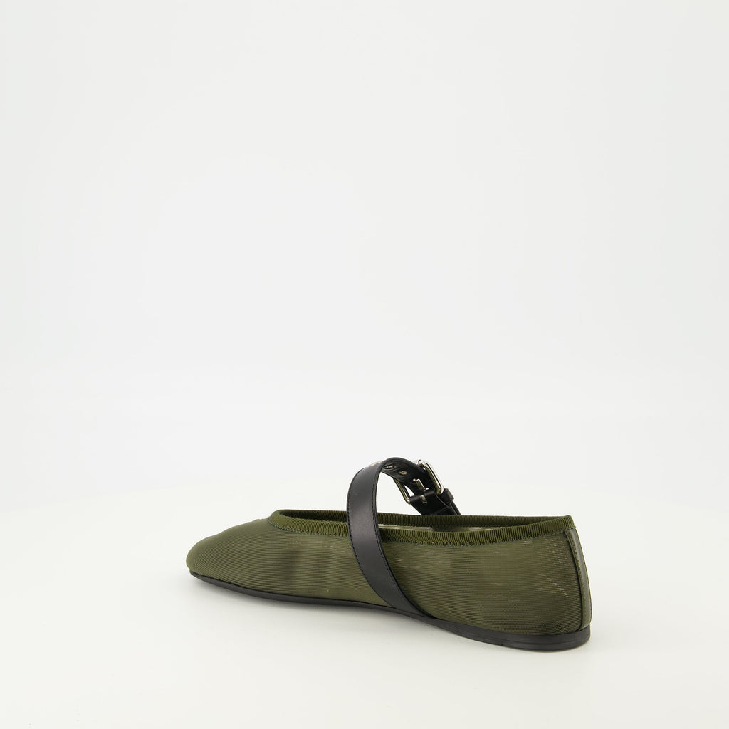khaki ballerinas, mesh shoes, Miu Miu footwear, comfortable ballerinas, adjustable strap shoes