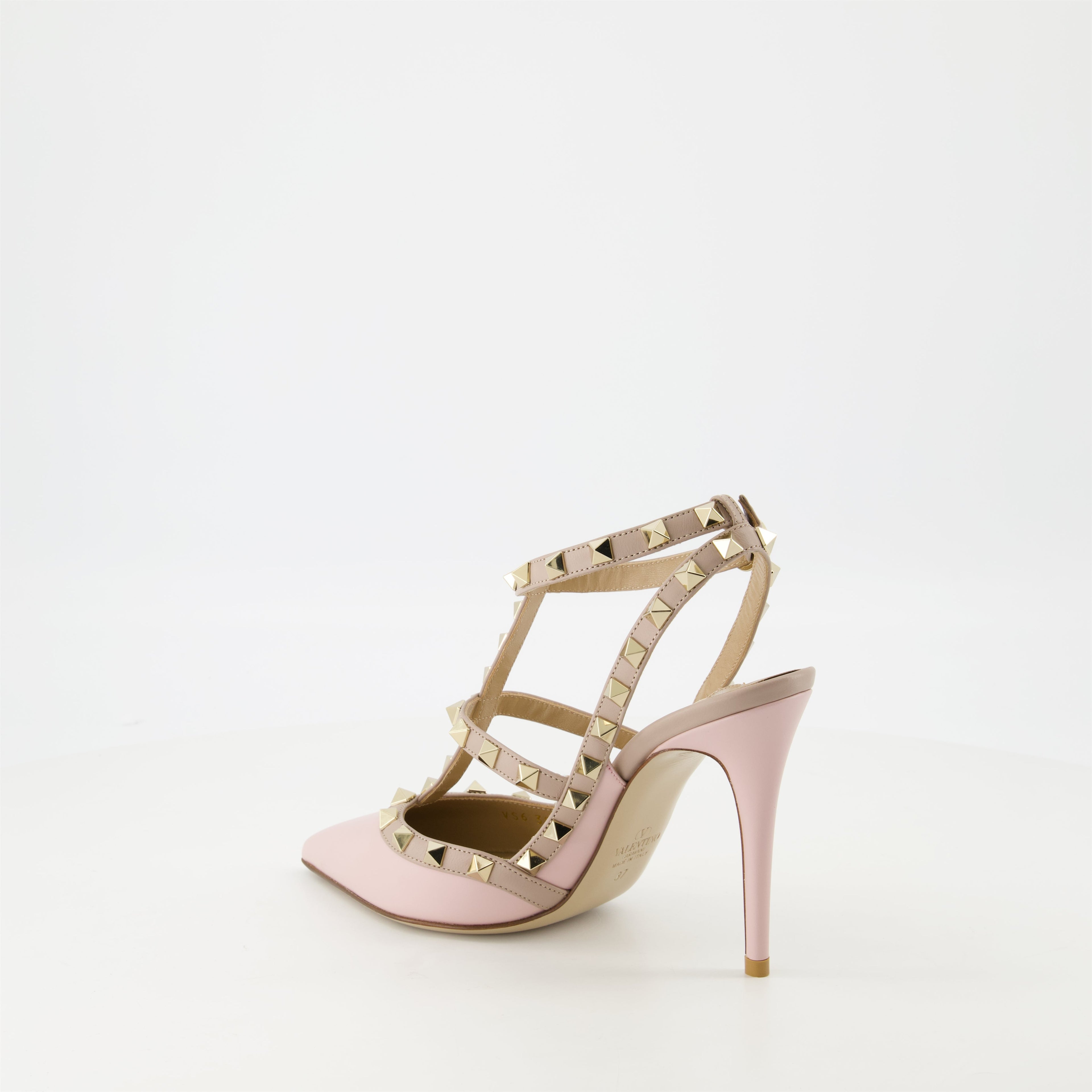 Rockstud heels, pink leather shoes, Valentino Garavani, elegant footwear, ankle strap heels