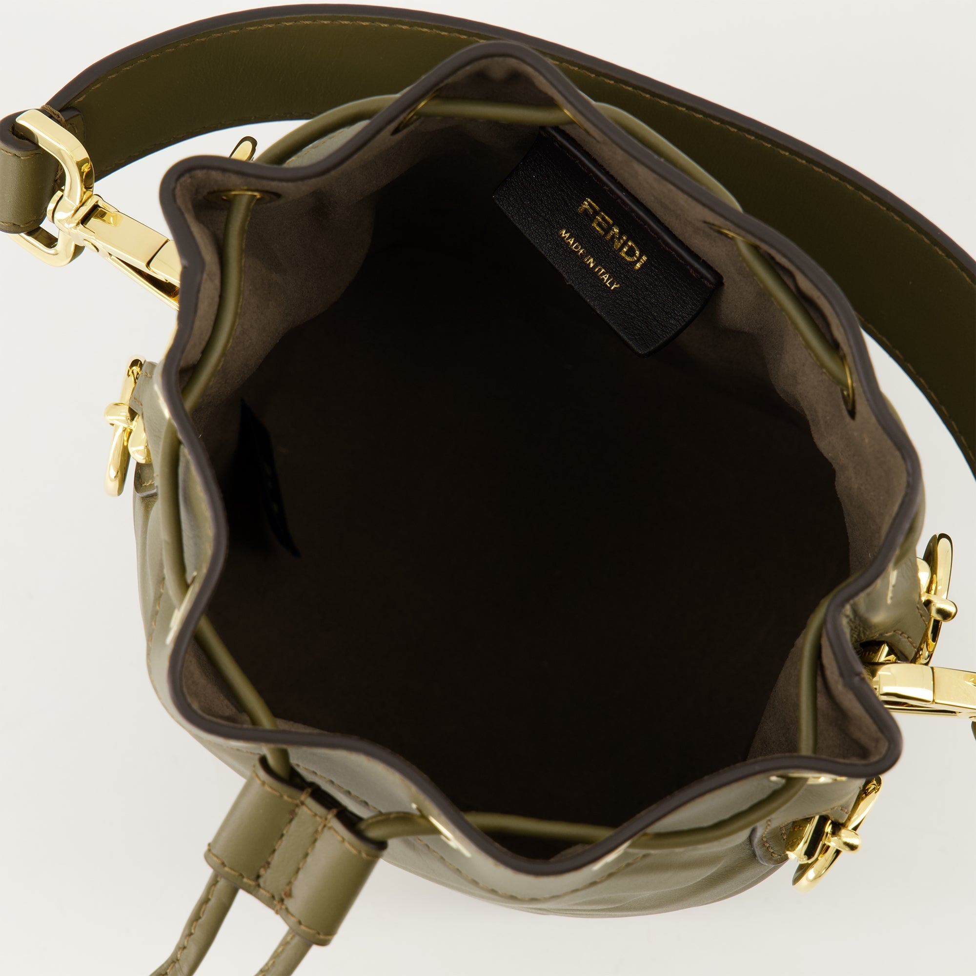mini bucket bag, khaki leather bag, FF embossed bag, Fendi mini bag, adjustable strap bag