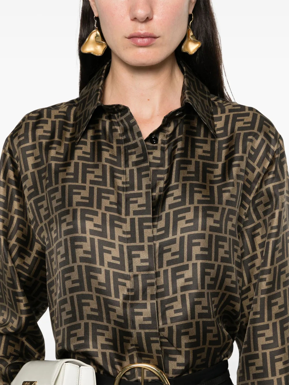 Image of Silk FF Brown Shirt by Fendi for Women - Season Spring-Summer 2025 - Model view 4