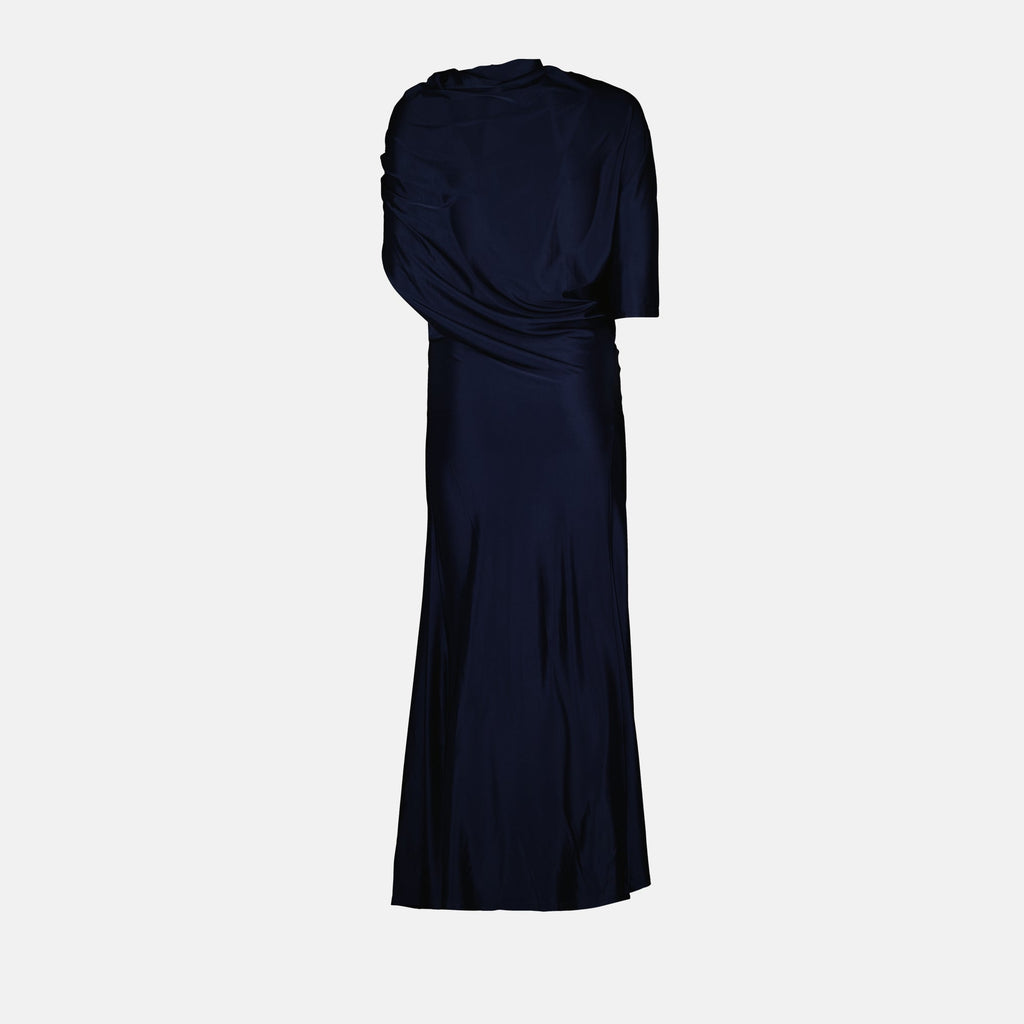 navy dress, asymmetrical dress, Rabanne, ankle-length dress, high collar dress