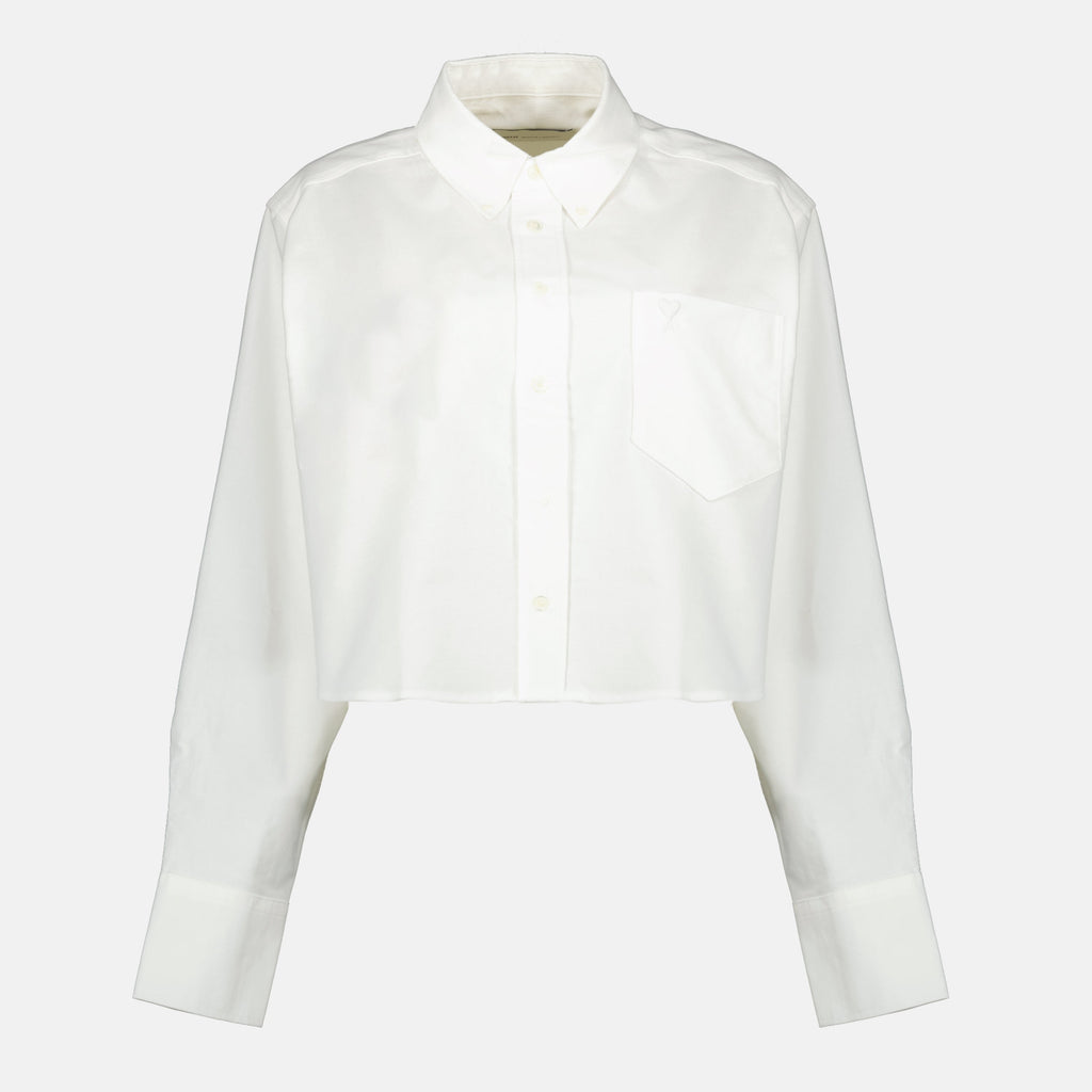 Imagen de la camiseta crop Ami de Coeur en blanco de Ami PARIS para mujeres - Temporada Primavera-Verano 2026 - Vista frontal