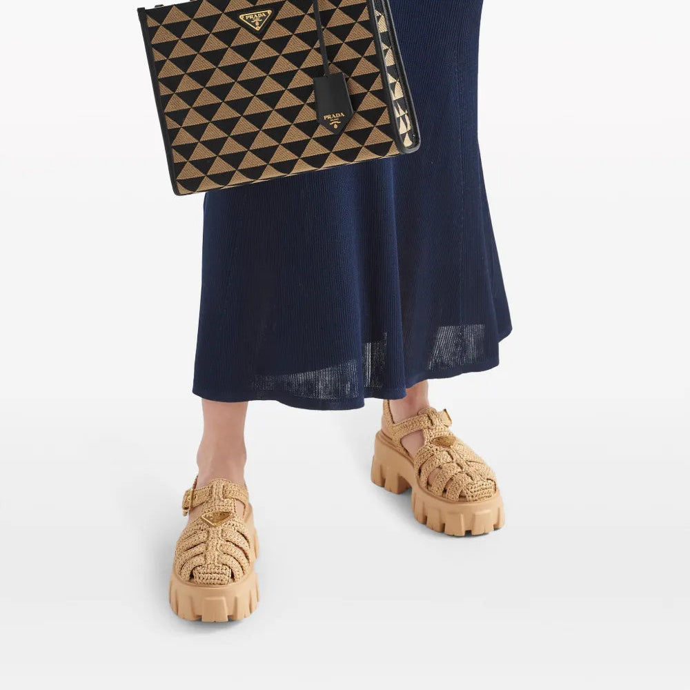 Beige raphia sandals, Monolith sandals, summer footwear, Prada sandals, adjustable ankle strap sandals