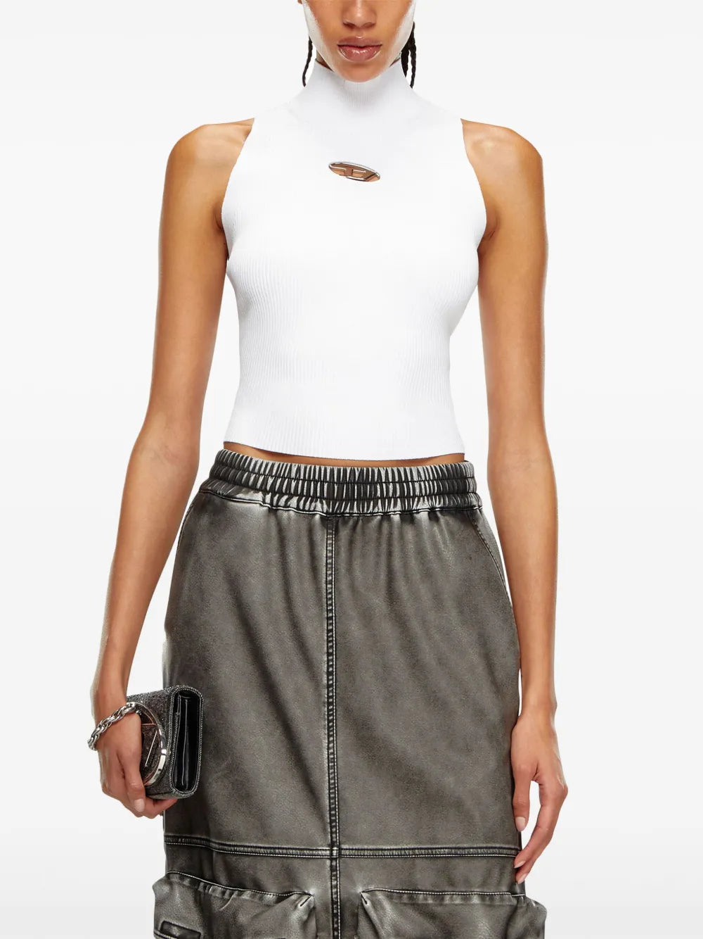 Image of High-neck Sleeveless Ribbed Top by Diesel for Women - Season Autumn-Winter 2024 - Detail View 1