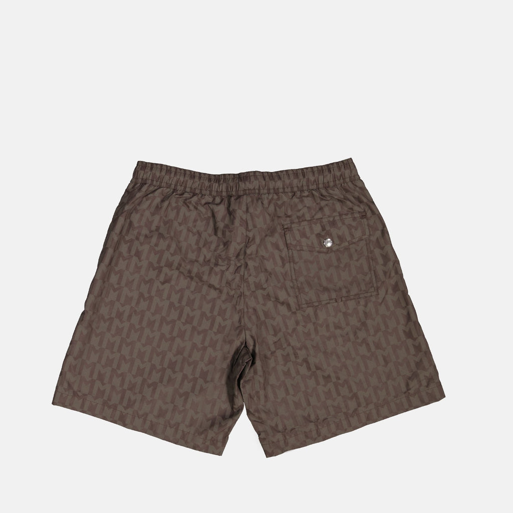 Monogram swim shorts, brown swim shorts, designer swimwear, Moncler shorts, men's swim fashion