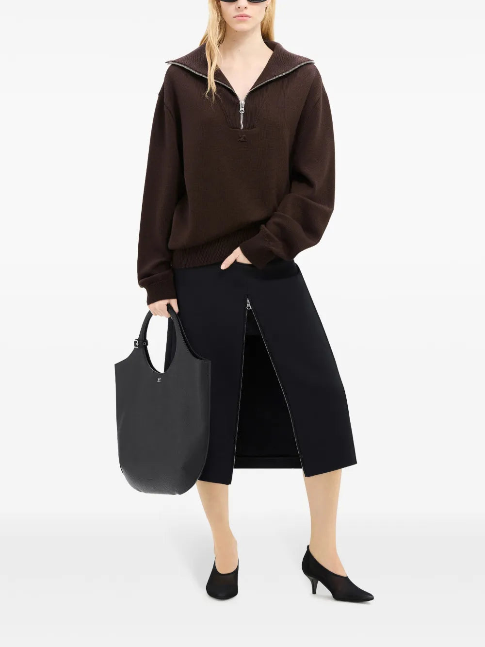 Image of Brown Turtleneck Sweater with Zip by Courreges for Men - Season Autumn-Winter 2024 - Detail View 1