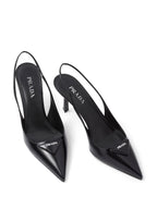 pointed toe pump, black leather shoe, Prada pump, elegant footwear, leather heel