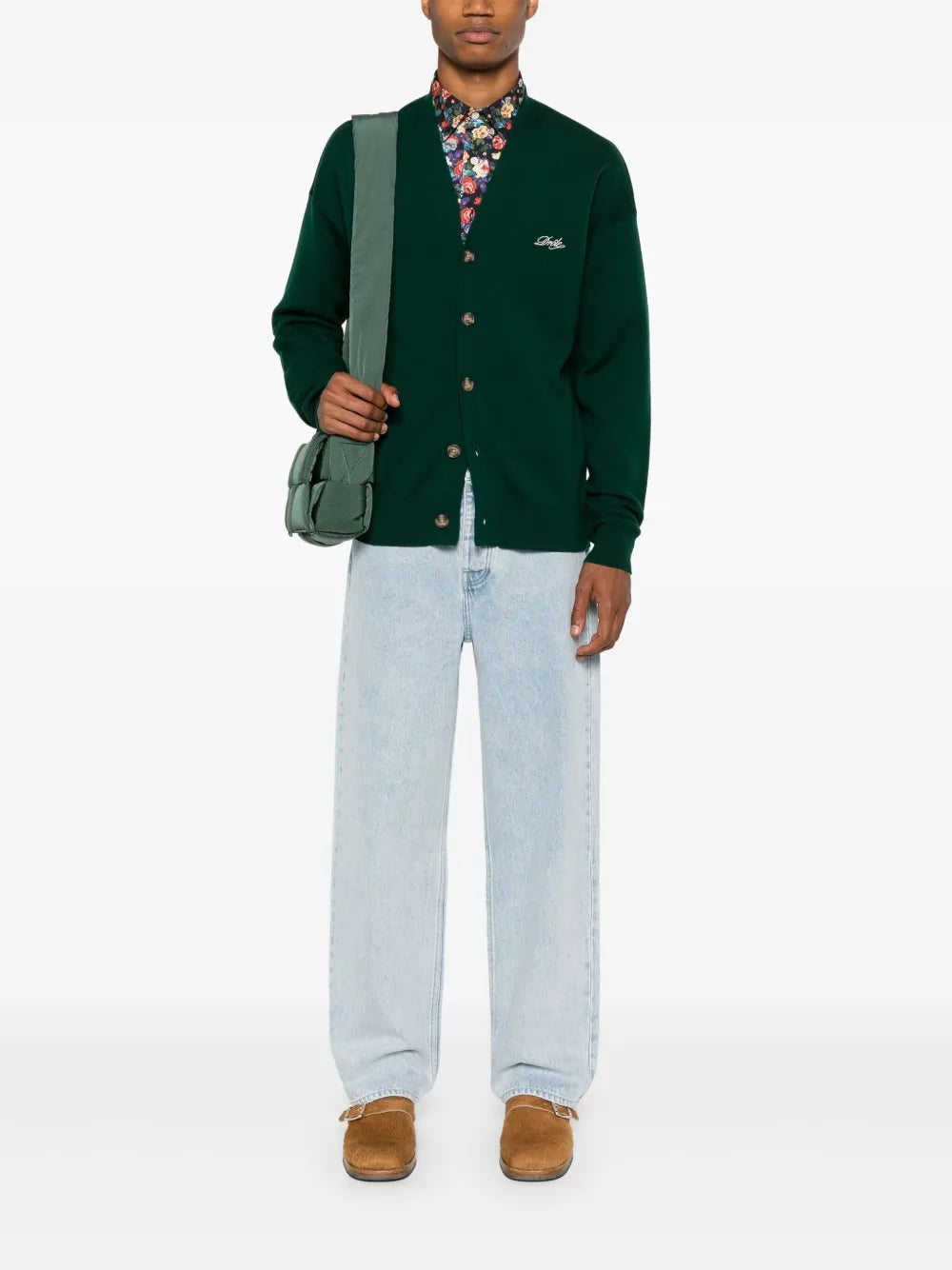 green cardigan, detachable sleeves, wool cardigan, button closure, embroidered logo