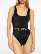 Greca swimsuit, Versace bathing suit, sustainable swimwear, recycled fashion, black one-piece swimsuit