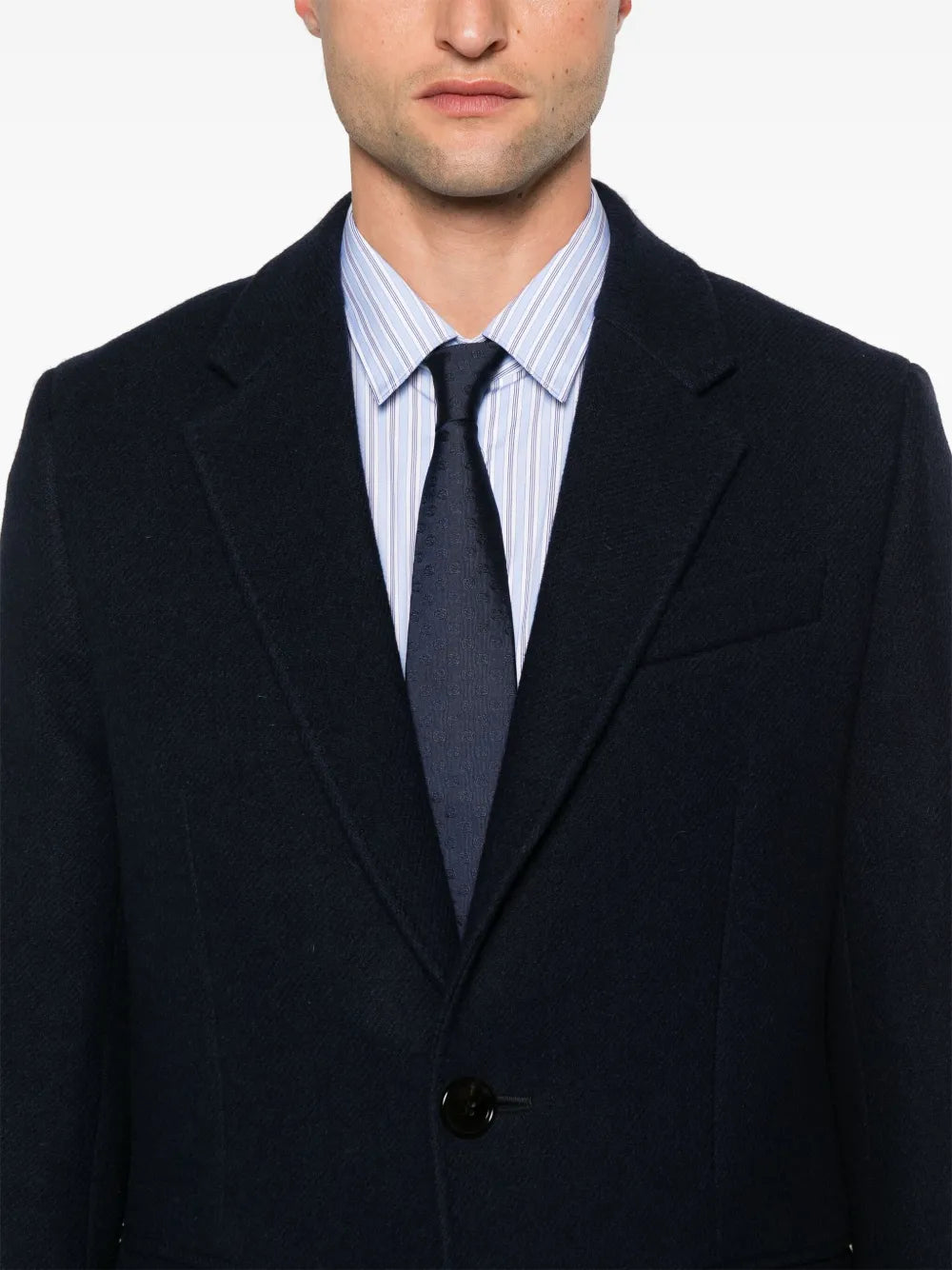 Image of Navy Wool Long Coat by Ami PARIS for Men - Season Autumn-Winter 2024 - Detail View 7