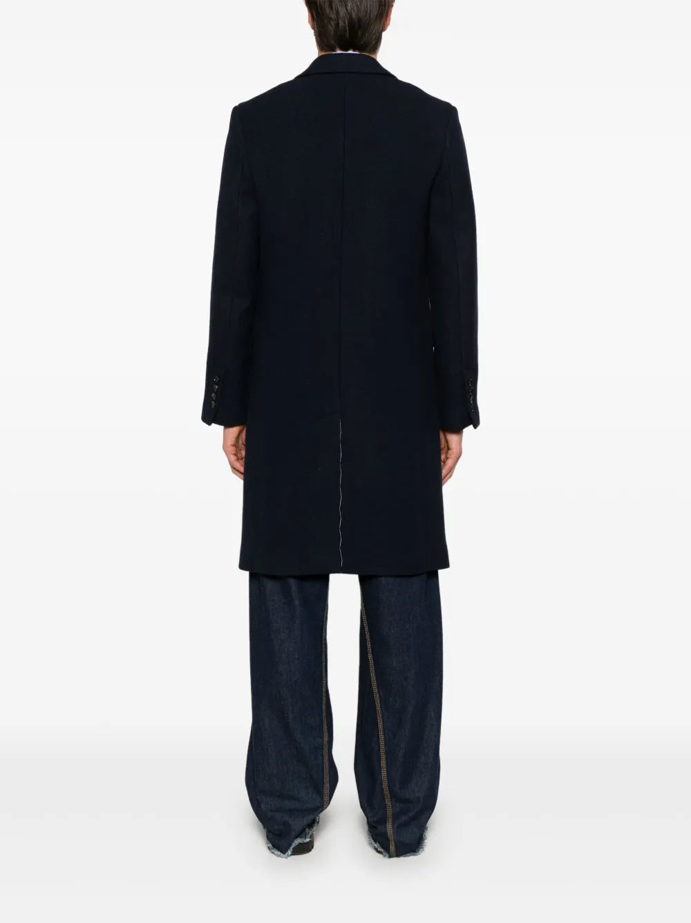 Image of Navy Wool Long Coat by Ami PARIS for Men - Season Autumn-Winter 2024 - Detail View 6