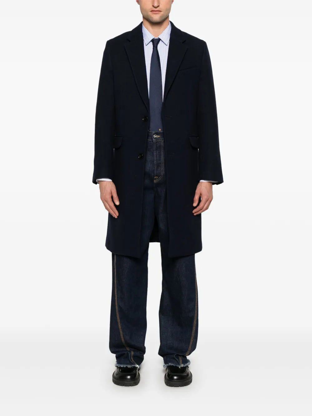 Image of Navy Wool Long Coat by Ami PARIS for Men - Season Autumn-Winter 2024 - Back View