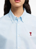 light blue cotton shirt, AMI Paris, unisex shirt, classic collar shirt, embroidered logo shirt