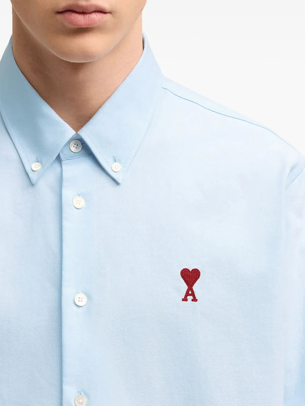 light blue cotton shirt, AMI Paris, unisex shirt, classic collar shirt, embroidered logo shirt