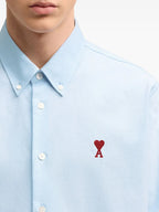 light blue cotton shirt, AMI Paris, unisex shirt, classic collar shirt, embroidered logo shirt