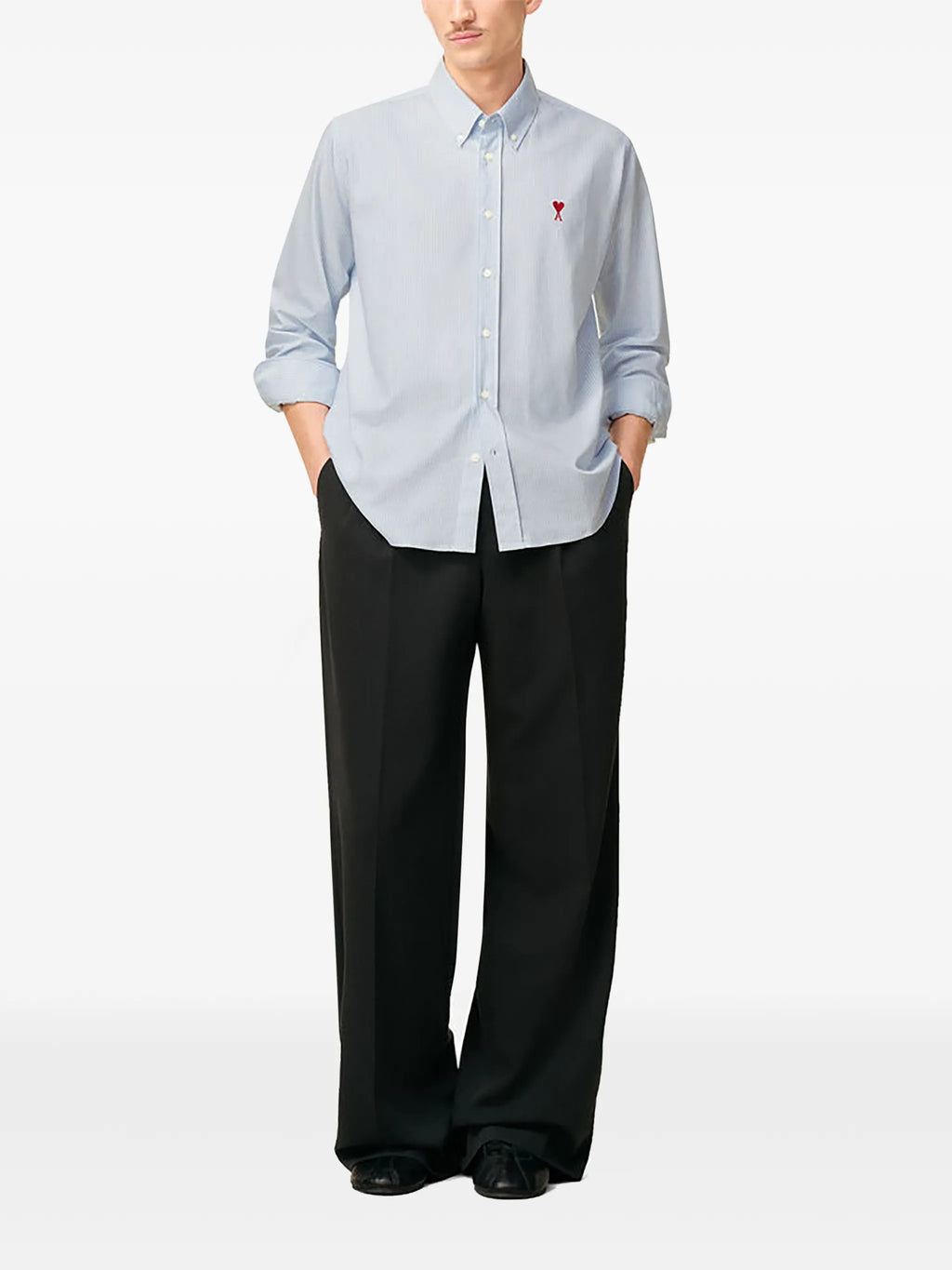 Image of Ami de Coeur Striped Shirt by Ami PARIS for Unisex - Season Autumn-Winter 2025 - Model view 1