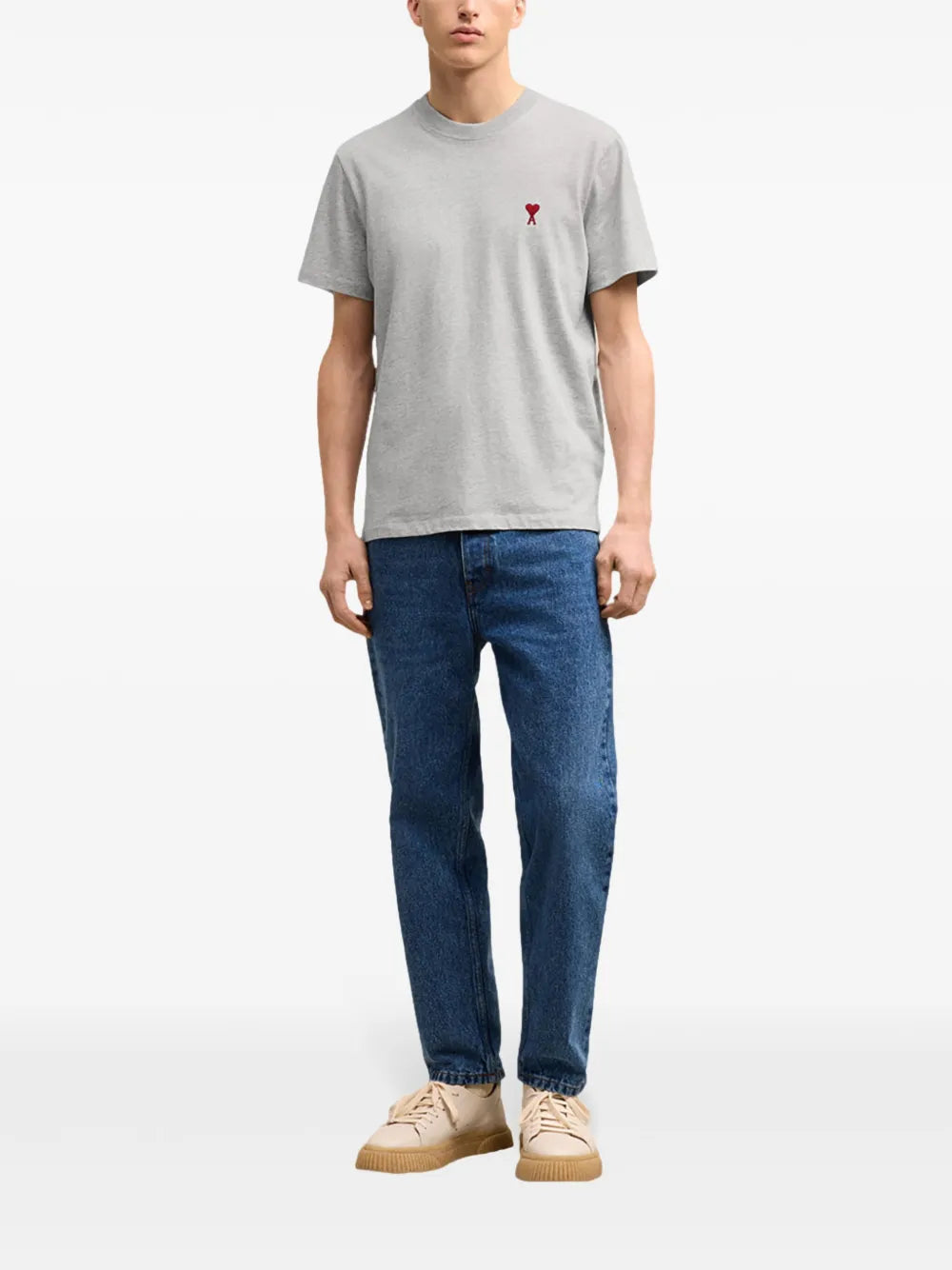 grey T-shirt, Ami Paris, red heart logo, unisex apparel, cotton t-shirt