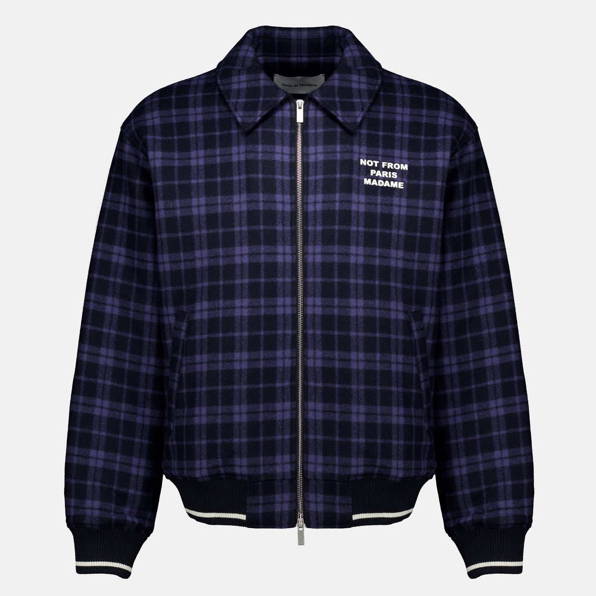 Chaqueta de franela a cuadros azul marino con eslogan