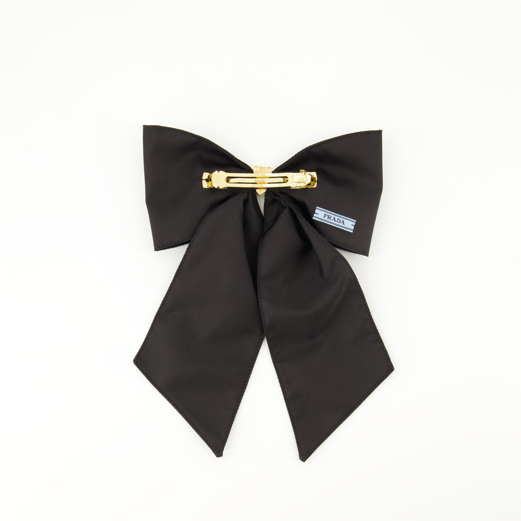 Prada barrette, Re-Nylon accessory, bow hair clip, sustainable fashion, black hair accessory
