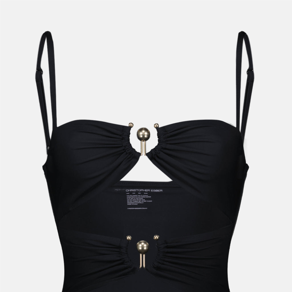 black swimsuit, Christopher Esber, one-piece swimwear, adjustable straps, matte finish