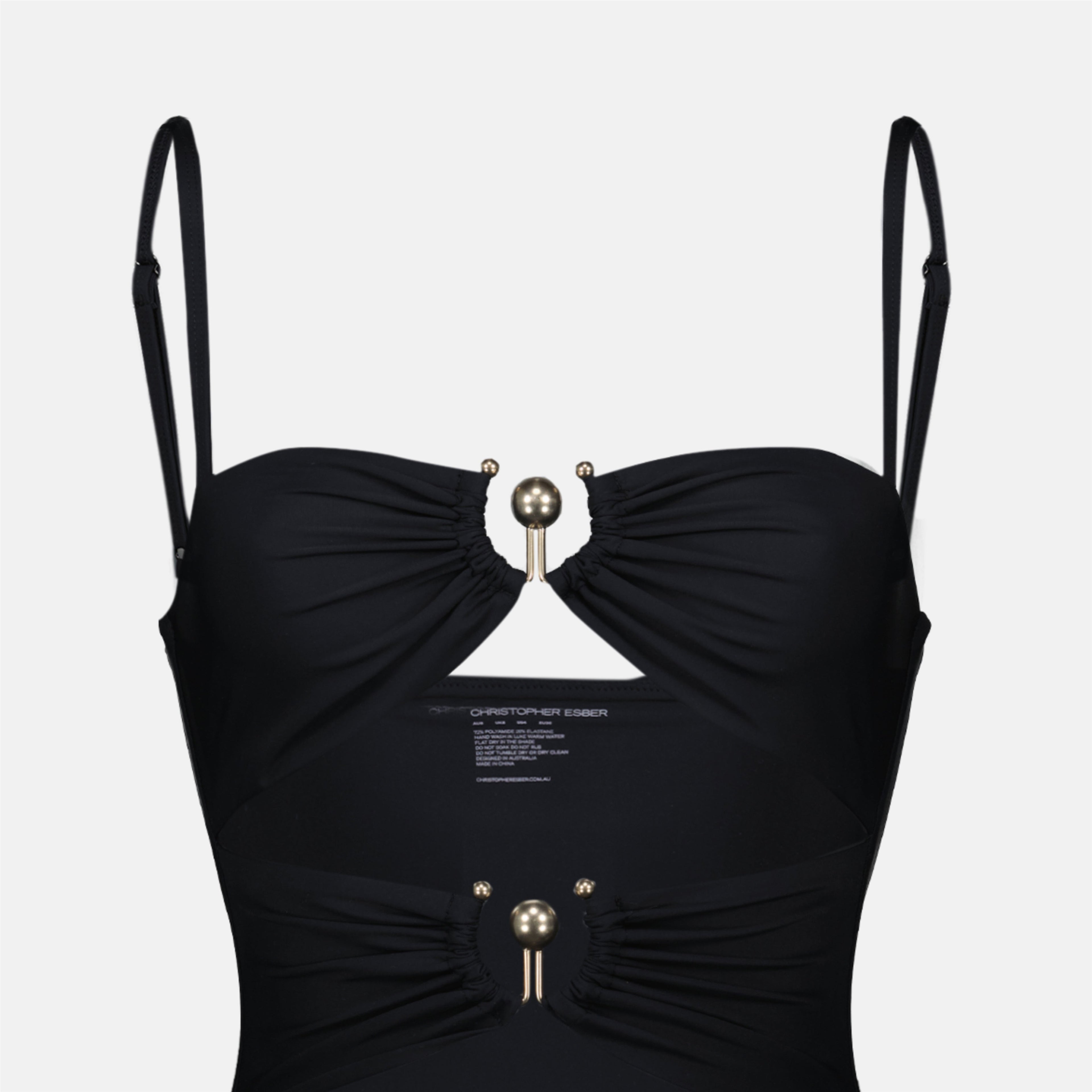 black swimsuit, Christopher Esber, one-piece swimwear, adjustable straps, matte finish