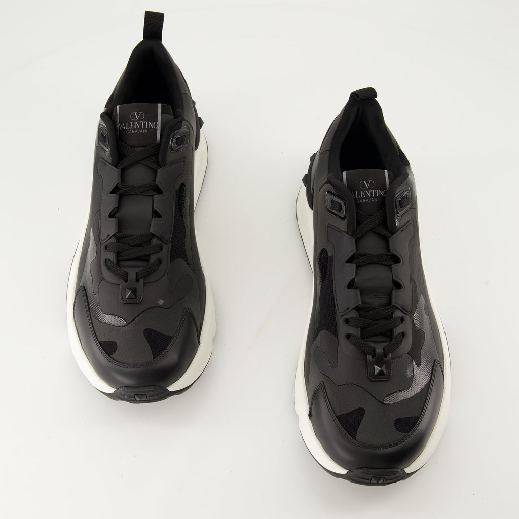 Black Camouflage Sneakers, Technical Fabric Sneakers, Leather Footwear, Rugged Rubber Sole, Contemporary Style