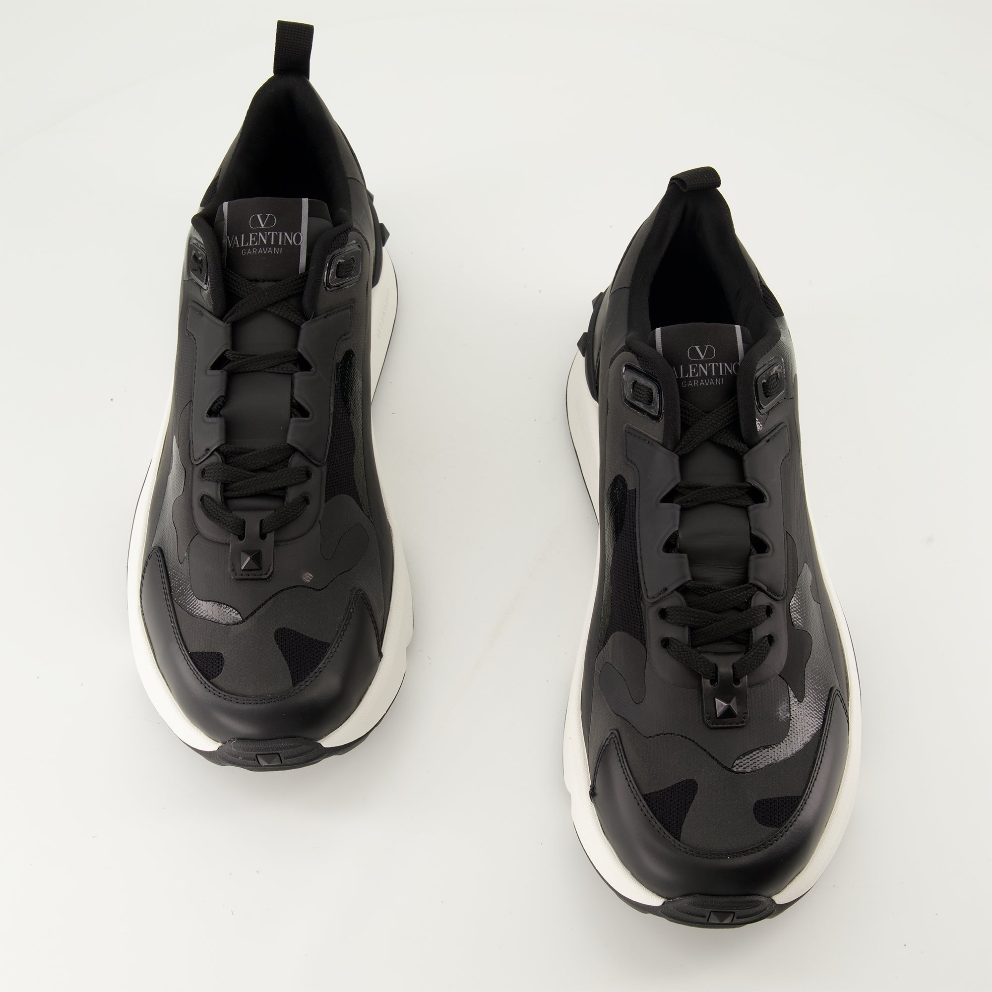 Black Camouflage Sneakers, Technical Fabric Sneakers, Leather Footwear, Rugged Rubber Sole, Contemporary Style