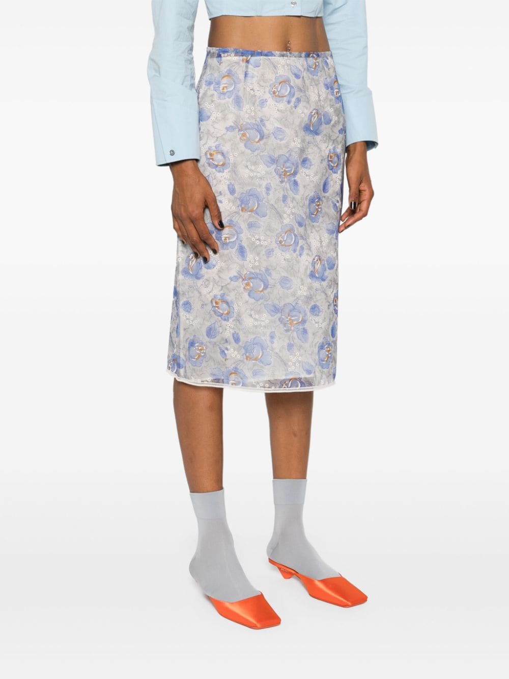 작약 프린트 미디 스커트