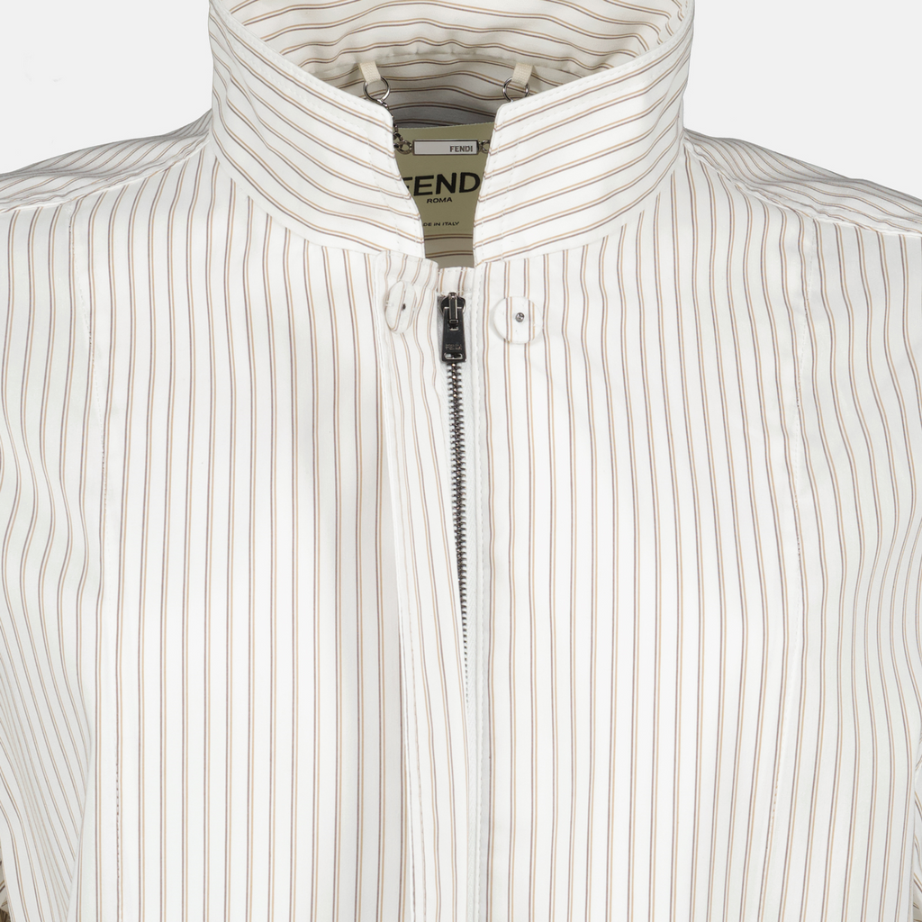 fitted jacket, striped jacket, cotton silk blend, high collar jacket, embroidered logo jacket