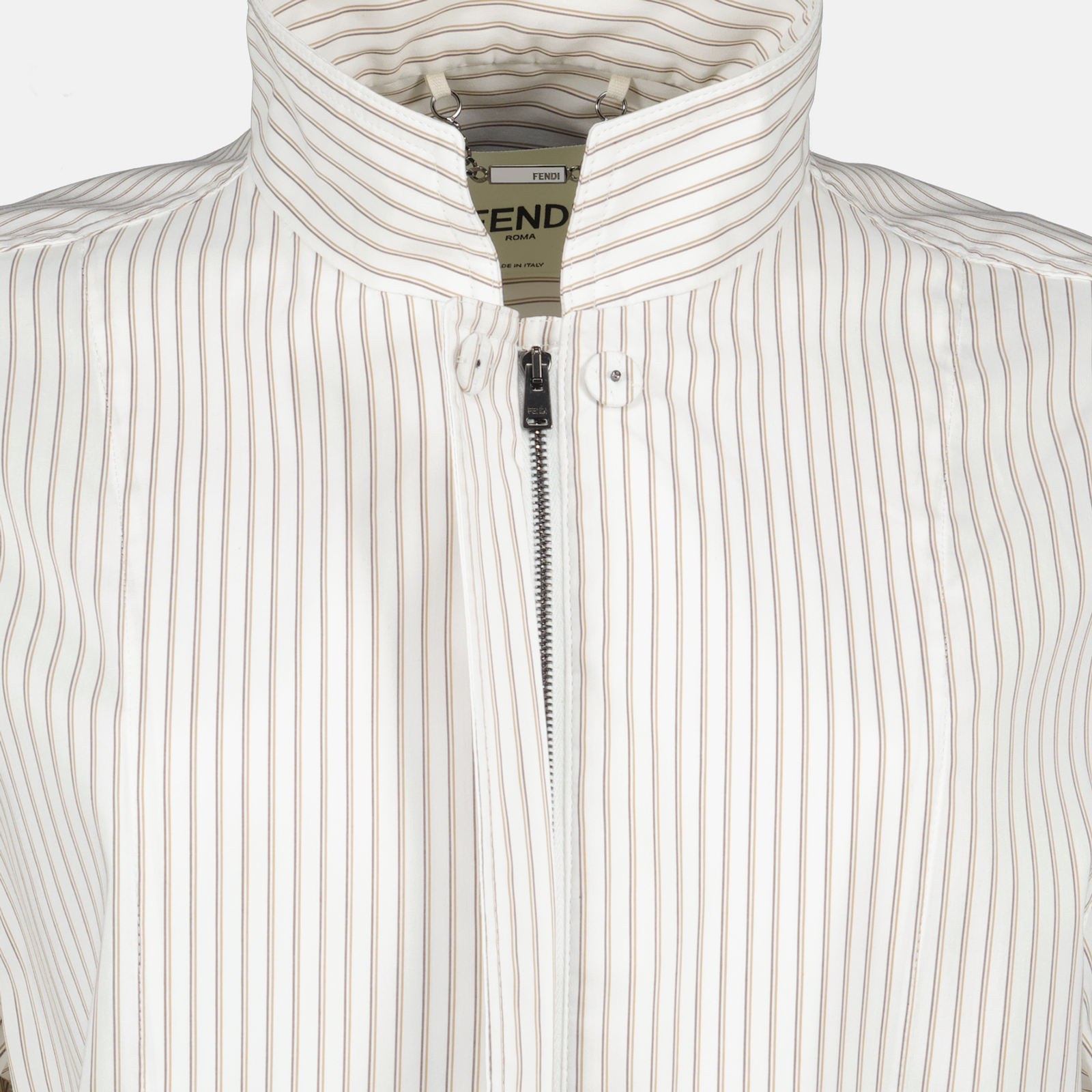 fitted jacket, striped jacket, cotton silk blend, high collar jacket, embroidered logo jacket