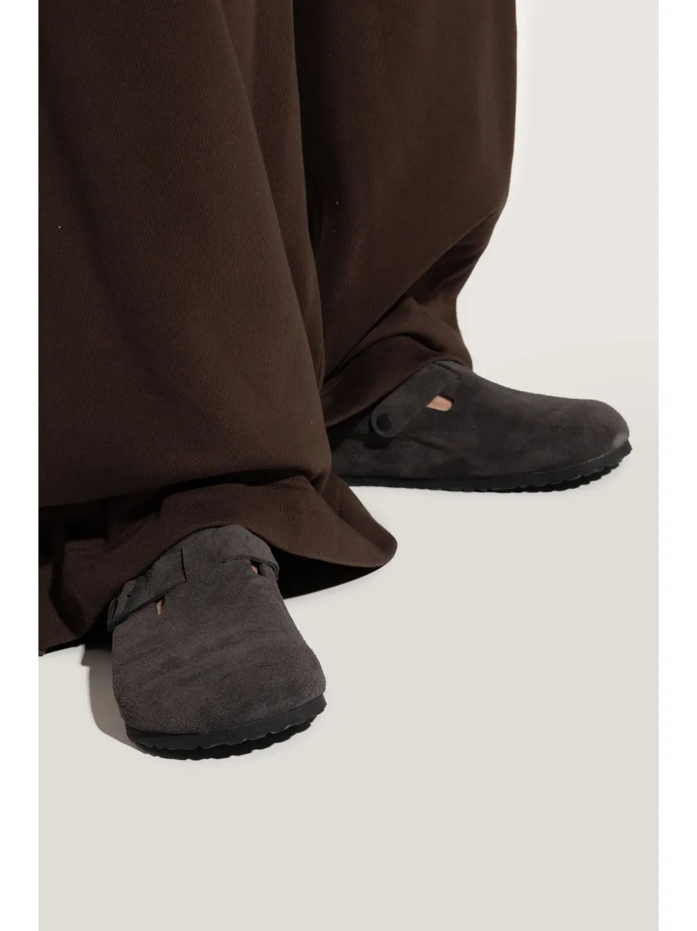 brown mules, adjustable buckles, leather footbed, Boston unisex, cork-latex comfort