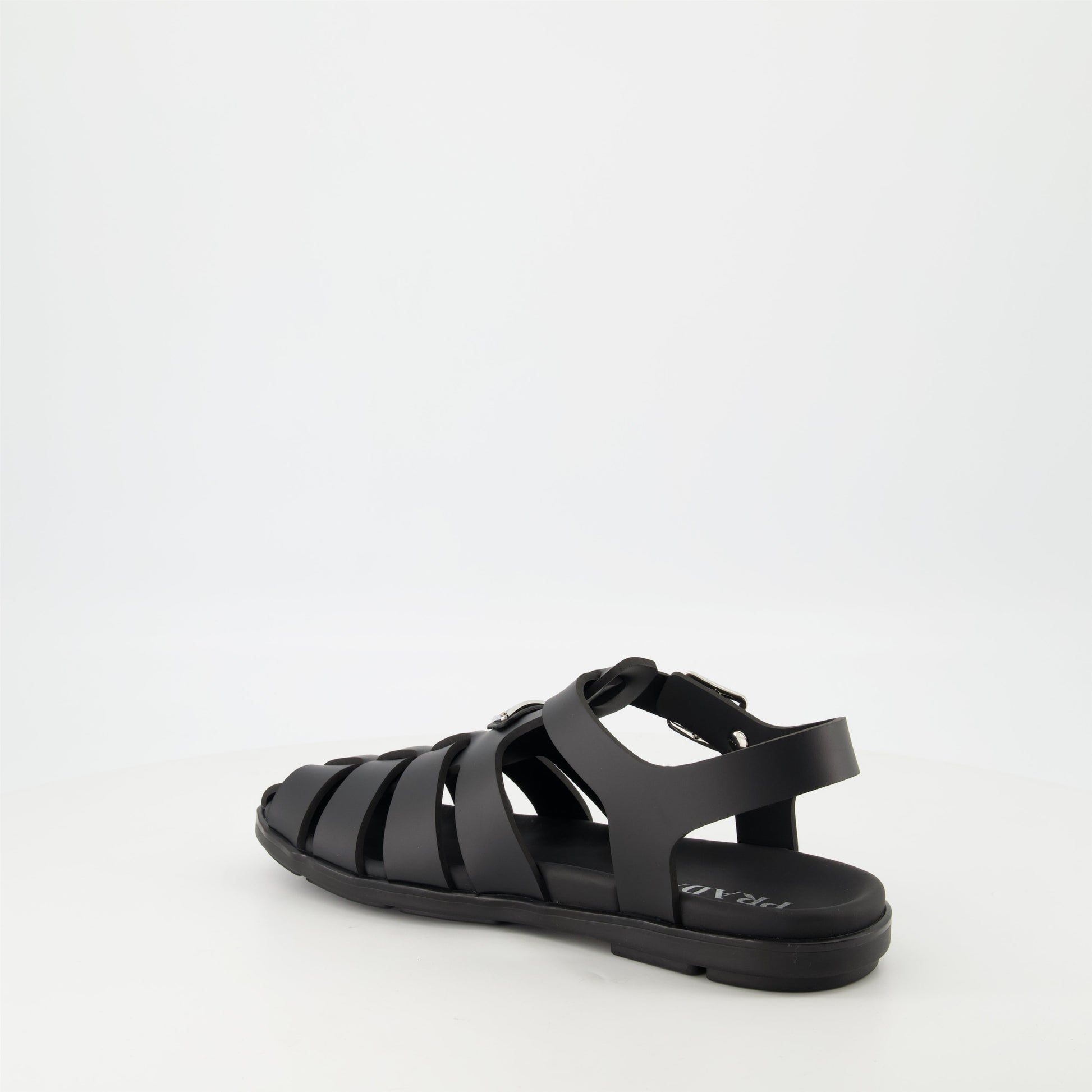 fisherman sandals, black rubber sandals, Prada footwear, adjustable sandals, casual footwear