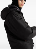 Re-Nylon jacket, black jacket, adjustable hood, metallic logo, recycled nylon