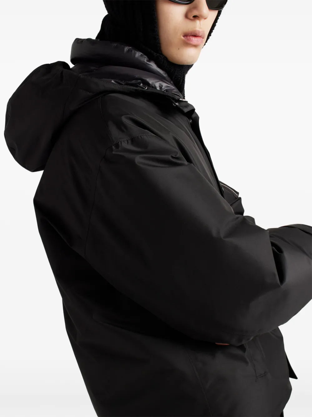 Re-Nylon jacket, black jacket, adjustable hood, metallic logo, recycled nylon