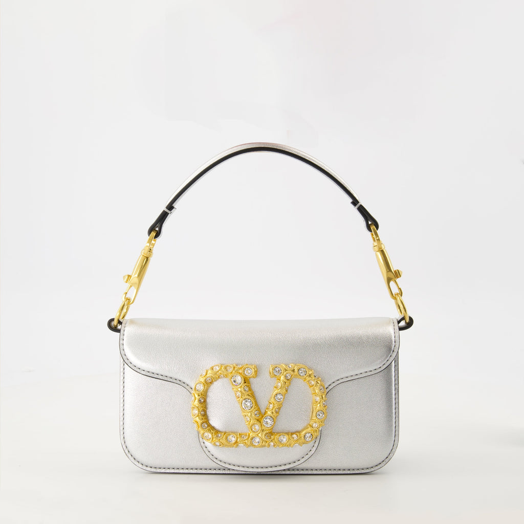 VLogo bag, Valentino Garavani, leather shoulder bag, silver handbag, Swarovski accents