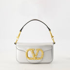 VLogo bag, Valentino Garavani, leather shoulder bag, silver handbag, Swarovski accents