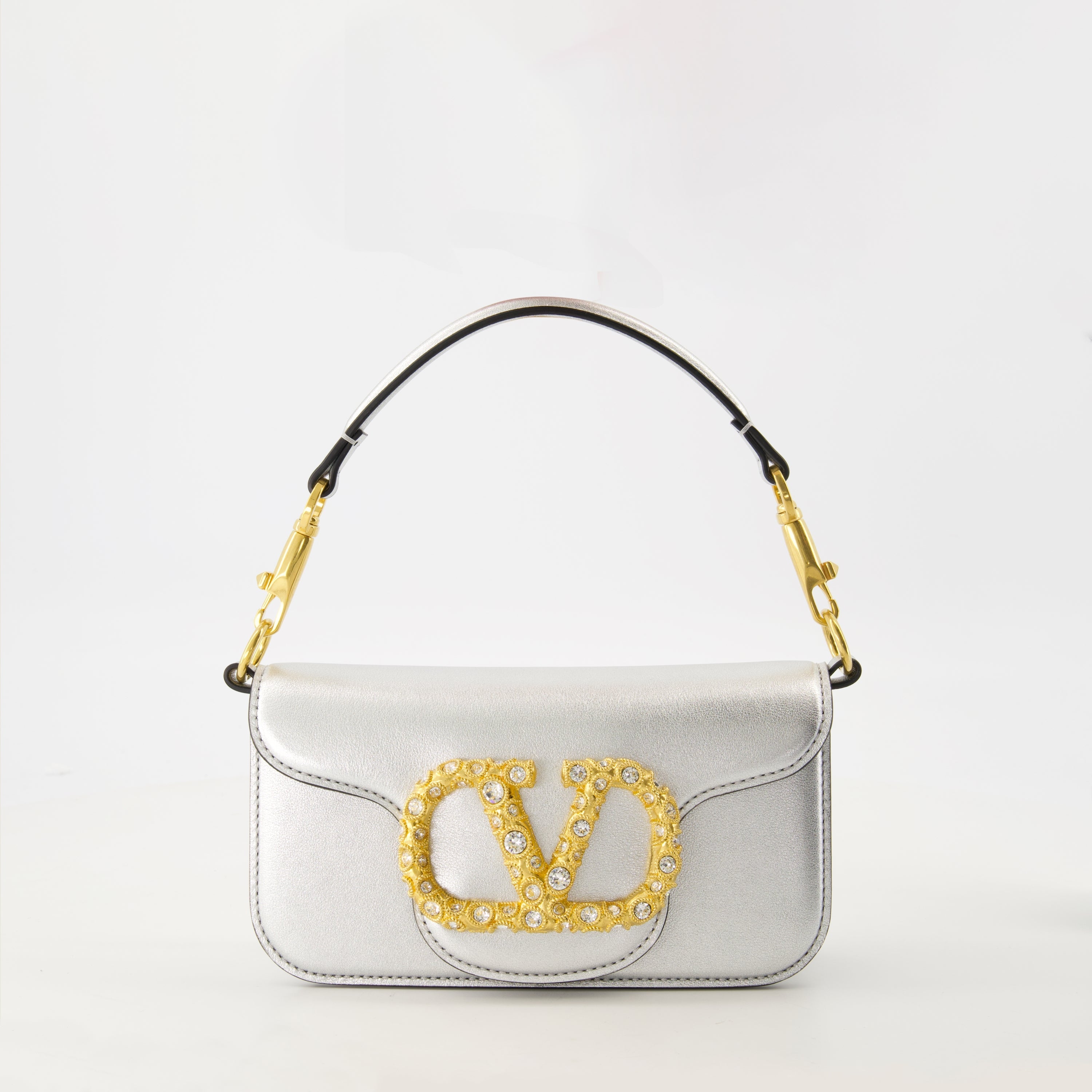 VLogo bag, Valentino Garavani, leather shoulder bag, silver handbag, Swarovski accents