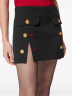 black wool skirt, Versace pencil skirt, gold Medusa buttons, short wool skirt, elegant black skirt