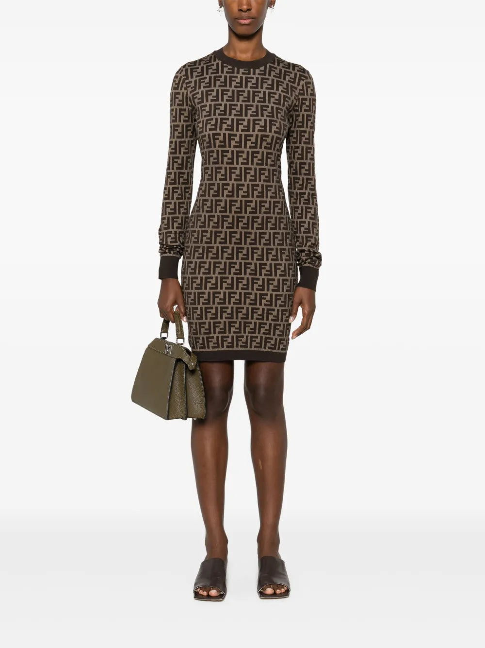 Fendi dress, FF print dress, brown cotton dress, Autumn-Winter fashion, elegant women's dress