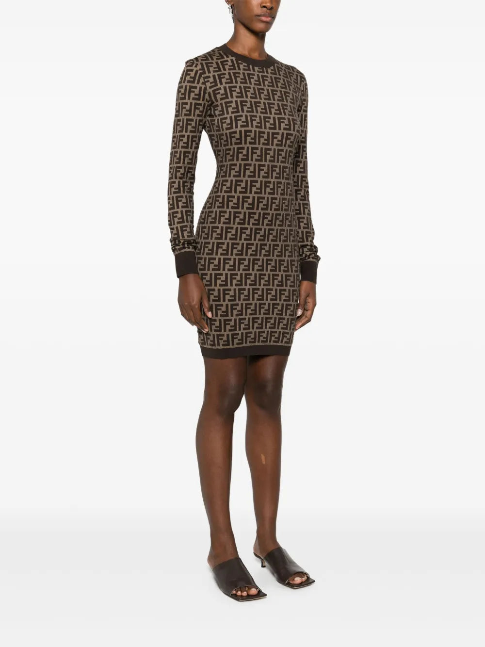 Fendi dress, FF print dress, brown cotton dress, Autumn-Winter fashion, elegant women's dress
