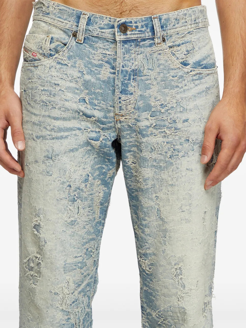 Image of Distressed Blue-Grey Denim Jeans by Diesel for Men - Season Autumn-Winter 2024 - Detail View 7