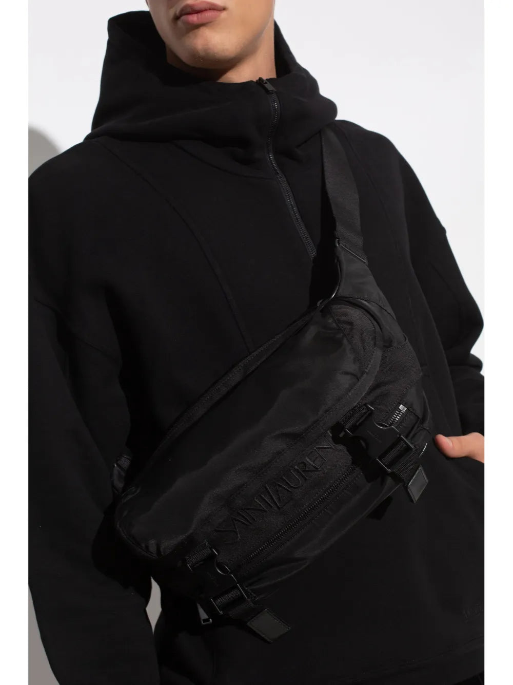 Black belt bag, nylon bag, Saint Laurent accessories, adjustable strap bag, luxury men's fashion