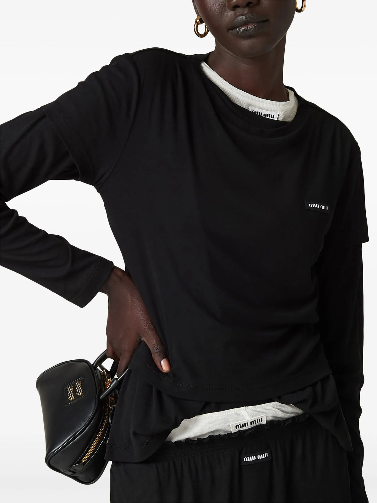 Image of Black Ribbed Jersey T-Shirt by Miu Miu for Women - Season Autumn-Winter 2026 - Model View 2