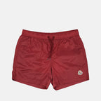red swim shorts, logo swim shorts, Moncler swimwear, summer fashion, beachwear