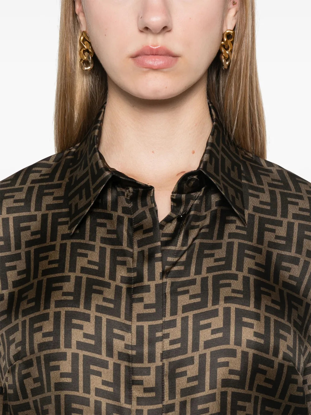 silk shirt, FF print, brown blouse, crop shirt, hidden buttons