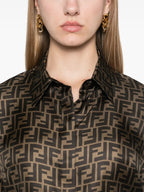 silk shirt, FF print, brown blouse, crop shirt, hidden buttons