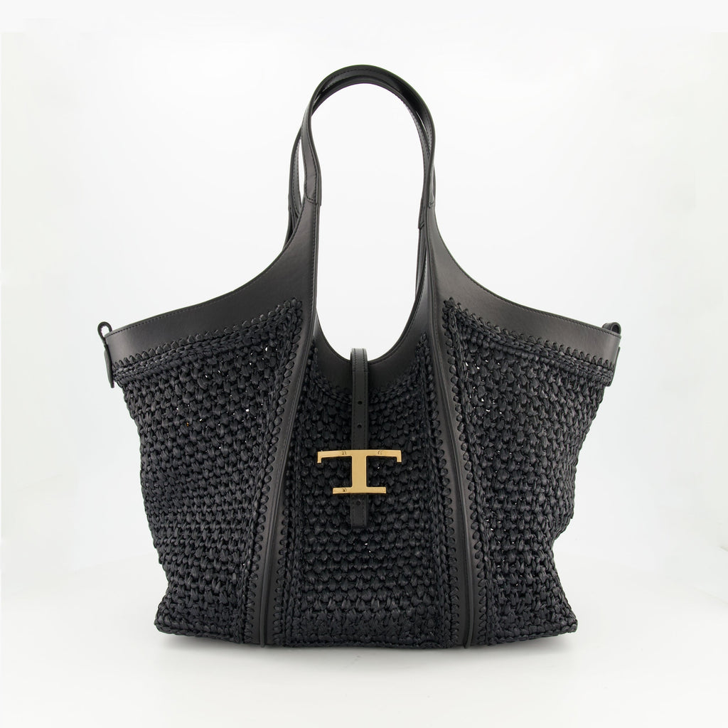 black raffia cabas, T Timeless bag, leather and raffia tote, Tod's accessories, stylish handbags