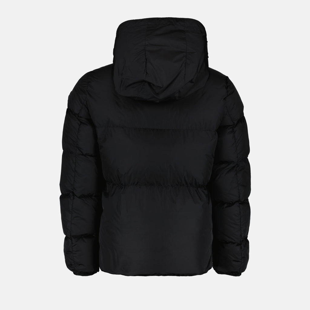 Moncler, puffer jacket, black nylon jacket, winter fashion, luxury outerwear