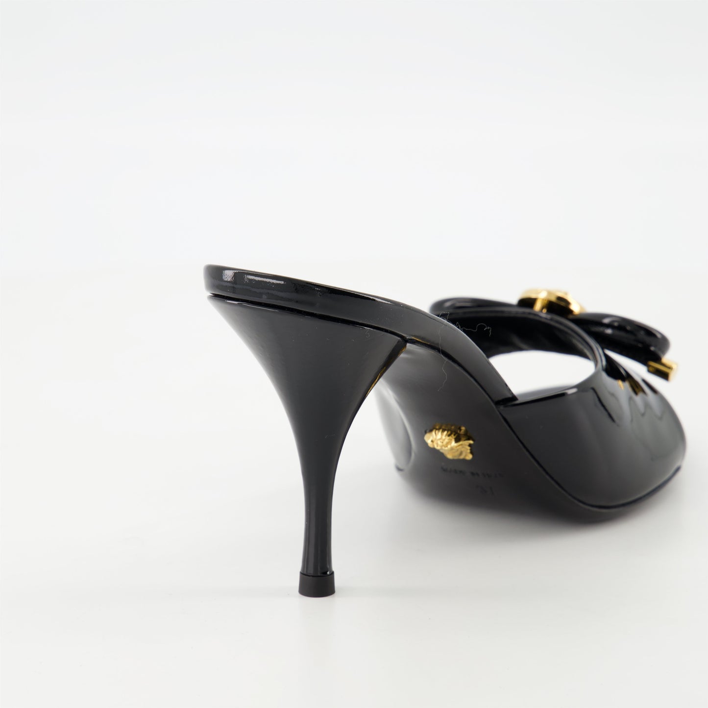 patent leather mules, bow design shoes, Medusa finish footwear, open toe heels, stiletto mules