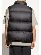 navy blue vest, Moncler vest, down filling vest, sleeveless outerwear, removable hood vest